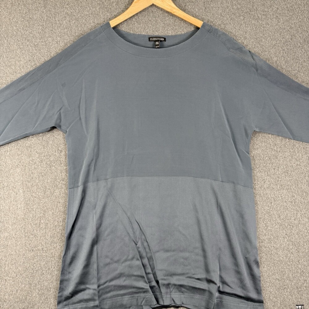 Eileen Fisher Top Womens XS Blue Gray Silk Boat Neck Tunic Blouse